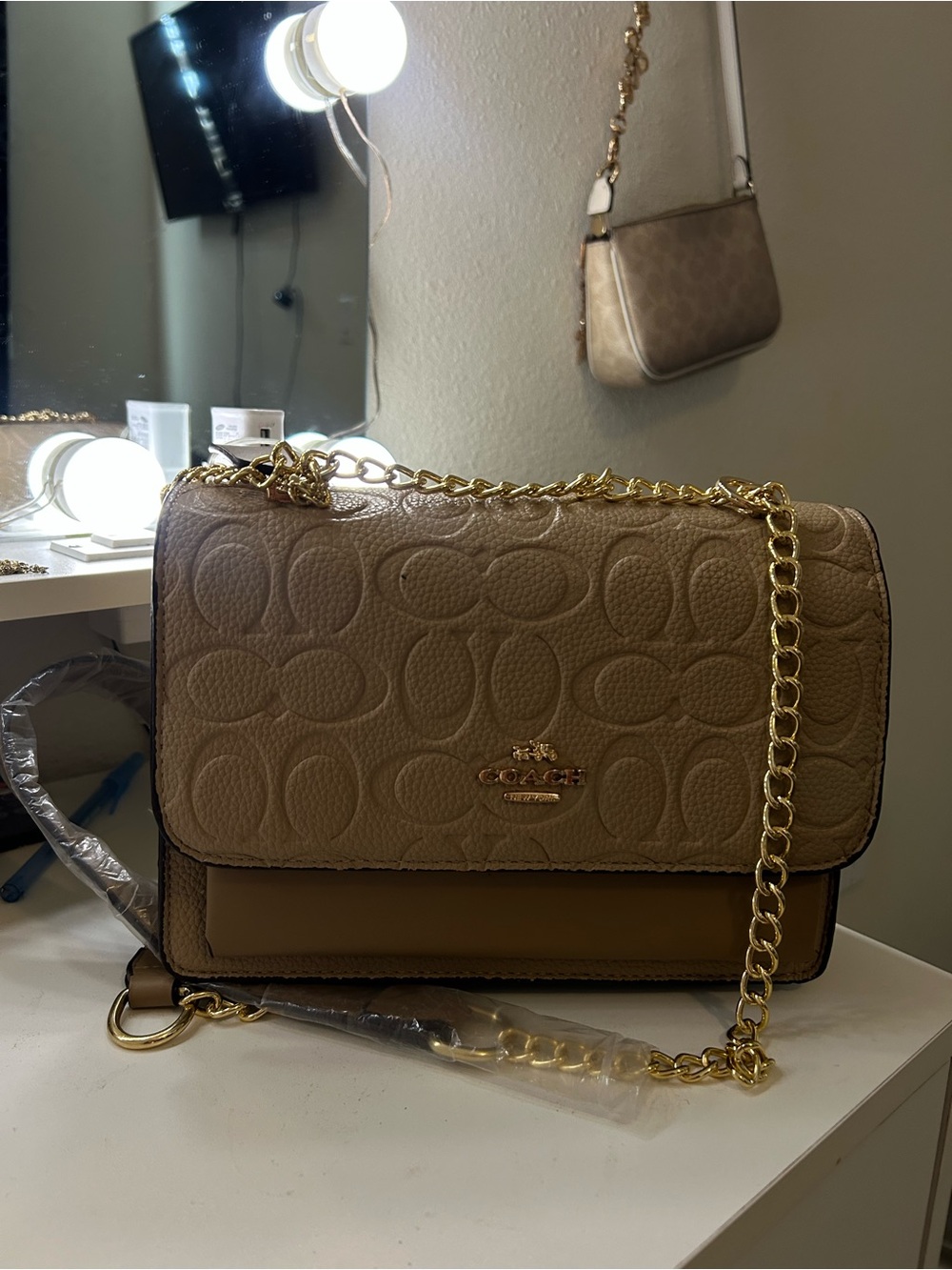 Coach Beige Signature Chain Crossbody Bag with Gold Hardware